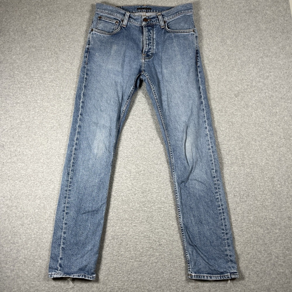 Nudie Jeans Mens 30x30 Blue Grim Trim Broken Faded Denim Light Button Fly Slim